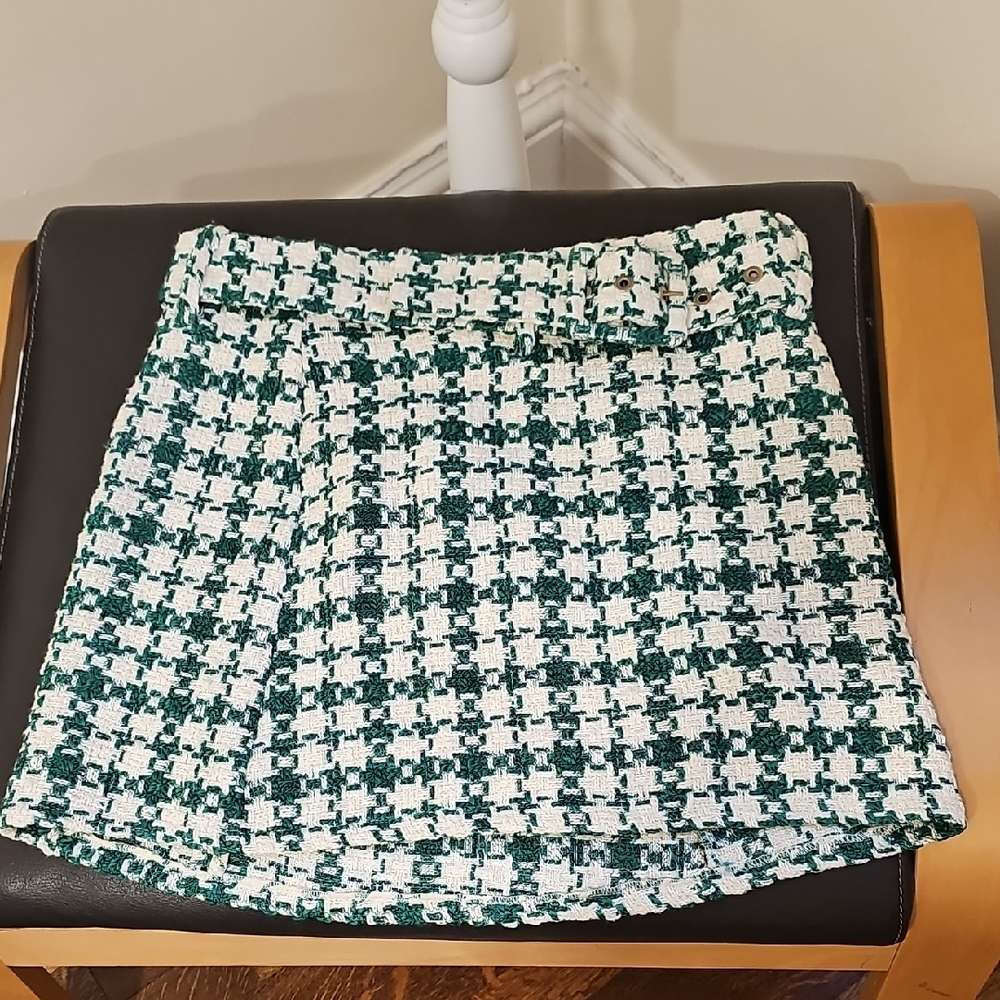 Zara Emerald and Ivory Tweed Mini Skirt